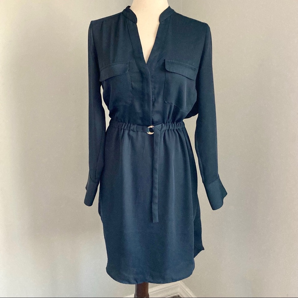 H&M Navy Blue Long Sleeve Belted Button Up Shirt Dress